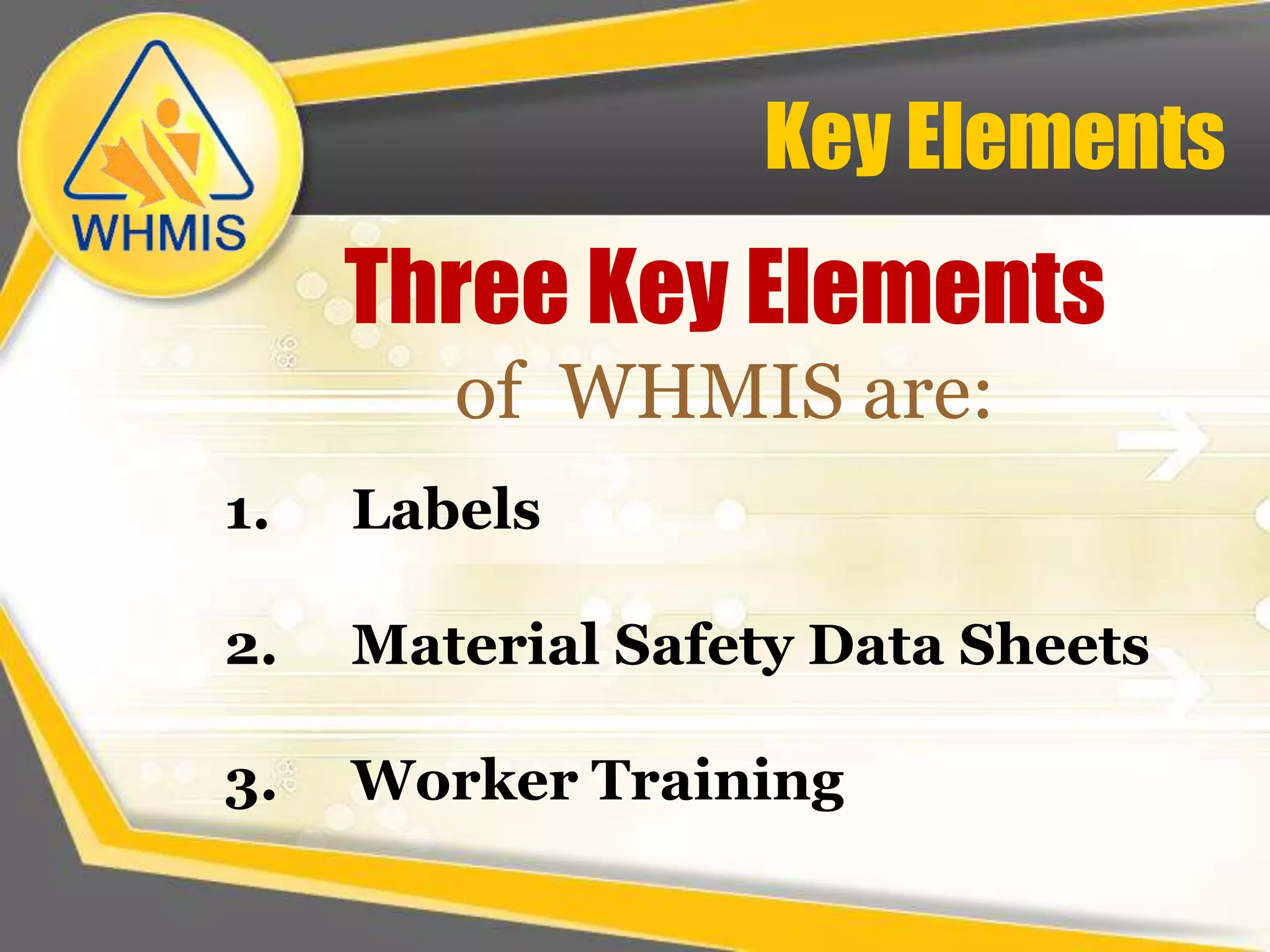 Key Elements Three Key Elements of  WHMIS are:1.	Labels 2.	Material Safety Data Sheets3. 	Worker Training
