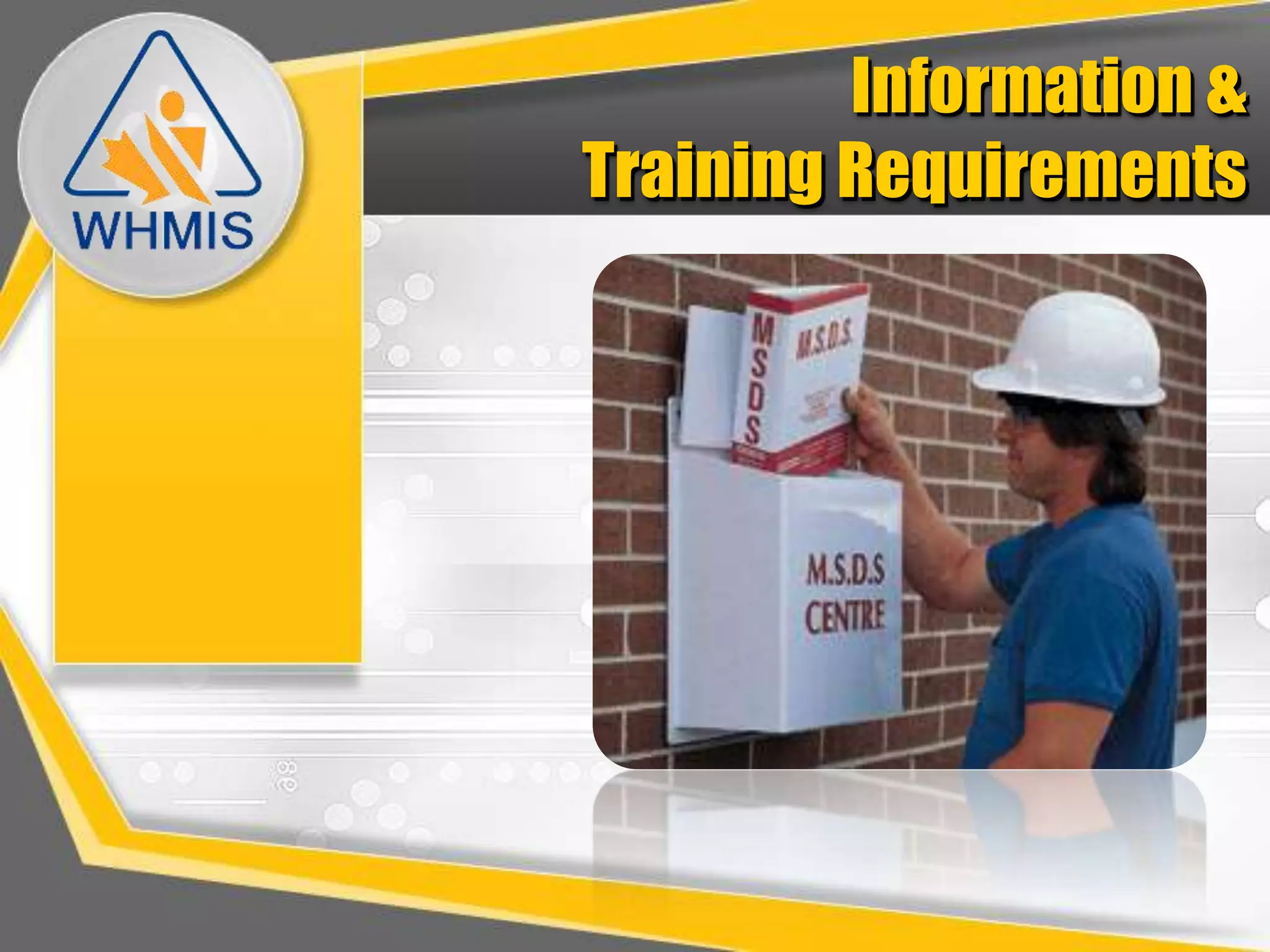 Properly use, handle, store, and dispose of the productsTransportation ofDangerous Goods: TDG• Transportation of Dangerous Goods Act - 1992• Co-operation between federal, 	provincial, and territorial 	governments• Legislation to ensure that there is a	minimum safety standard which 	applies to the shipment of hazardous 	materials throughout Canada.