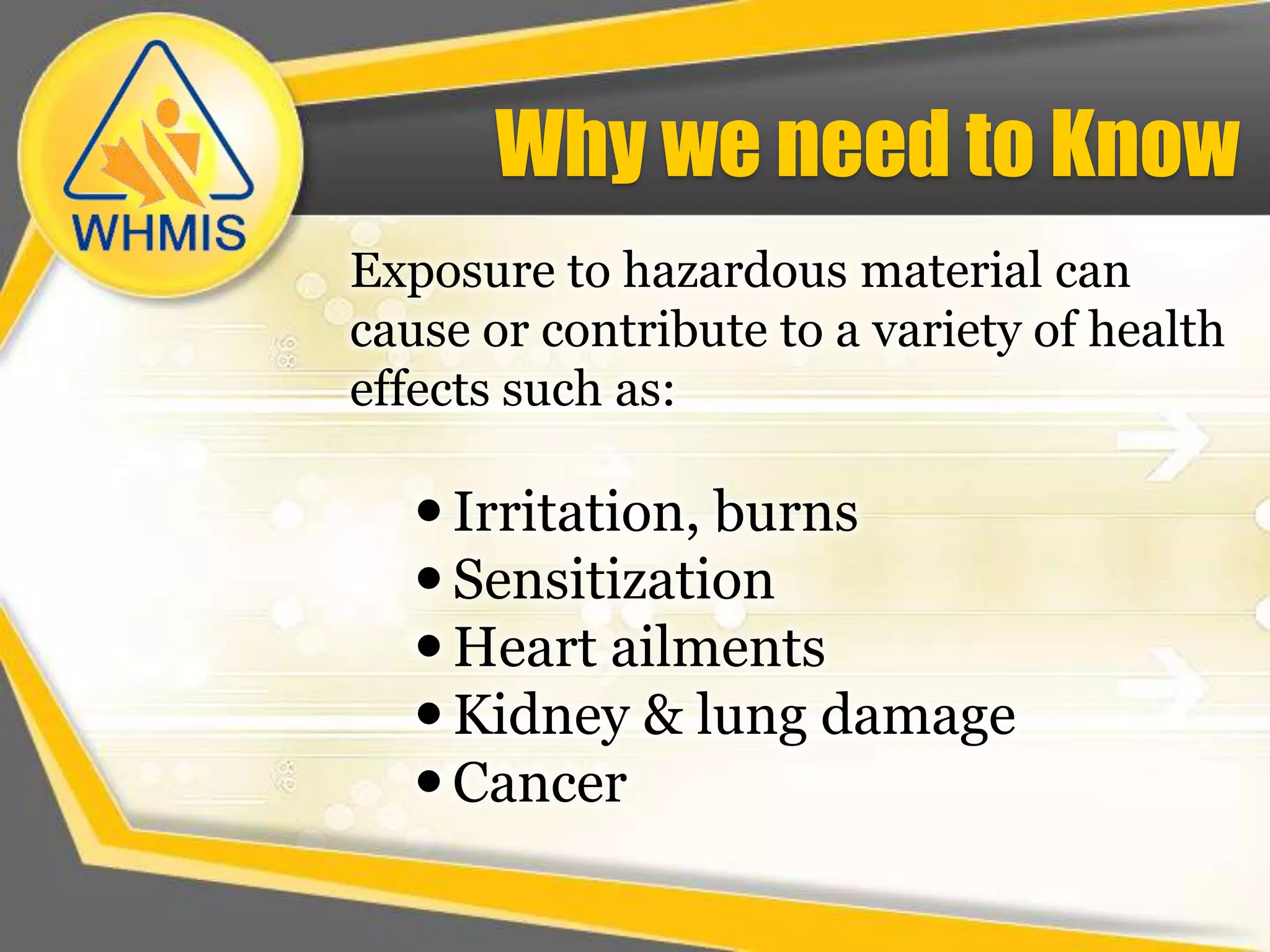 Why we need to KnowExposure to hazardous material can cause or contribute to a variety of health effects such as:Irritation, burns 