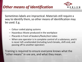 Other means of Identification
Sometimes labels are impractical. Materials still require a
way to identify them, so other means of identification may
be used. E.g.
–
–
–
–

Colour coded piping systems
Hazardous Waste produced in the workplace
Placards in front of beakers/flasks/test tubes
When one operator is in complete control of a substance, and it
is never left unattended (including lunch breaks, shift end, and
passing off to another operator)

Training is required to ensure everyone knows what the
“other means” in use are, and what they mean.

 