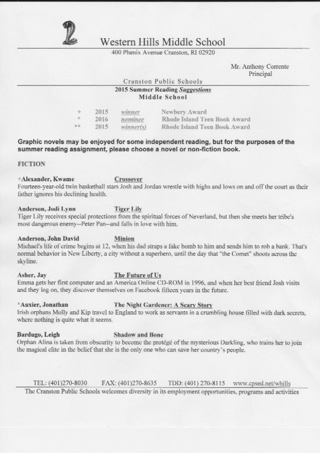 Whms 7th & 8th grade reading activities