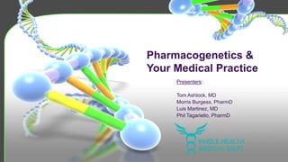 Pharmacogenetics &
Your Medical Practice
Presenters:
Tom Ashlock, MD
Morris Burgess, PharmD
Luis Martinez, MD
Phil Tagariello, PharmD
 