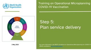 Training on Operational Microplanning f
COVID-19 Vaccination
Step 5:
Plan service delivery
For more information, see WHO’s Guidance on Operational Microplanning for COVID-19 V
(2023), available at who.int/publications.
2 May 2023
 