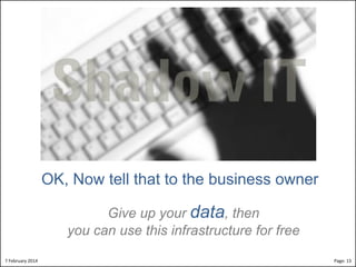 OK, Now tell that to the business owner
Give up your data, then
you can use this infrastructure for free
8"February"2014"

CloudMakelaar"™"

Page:"13"

 