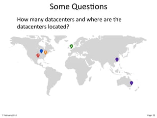 Some"Ques>ons"
How"many"datacenters"and"where"are"the"
datacenters"located?"
"

8"February"2014"

CloudMakelaar"™"

Page:"23"

 