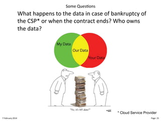Some"Ques>ons"

What"happens"to"the"data"in"case"of"bankruptcy"of"
the"CSP*"or"when"the"contract"ends?"Who"owns"
the"data?"

"

* Cloud Service Provider
8"February"2014"

CloudMakelaar"™"

Page:"25"

 