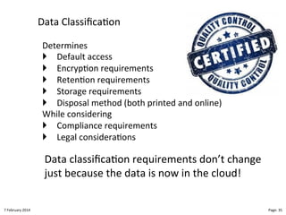 Data"Classiﬁca>on"
"

Determines"
! Default"access"
! Encryp>on"requirements"
! Reten>on"requirements"
! Storage"requirements"
! Disposal"method"(both"printed"and"online)""
While"considering"
! Compliance"requirements""
! Legal"considera>ons""
"

Data"classiﬁca>on"requirements"don’t"change"
just"because"the"data"is"now"in"the"cloud!"

8"February"2014"

CloudMakelaar"™"

Page:"35"

 