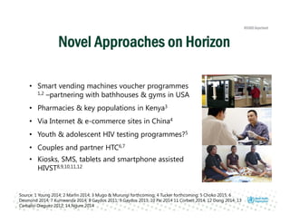 Source: 1 Young 2014; 2 Marlin 2014; 3 Mugo & Murungi forthcoming; 4 Tucker forthcoming; 5 Choko 2015; 6
Desmond 2014; 7 Kumwenda 2014; 8 Gaydos 2011; 9 Gaydos 2013; 10 Pai 2014 11 Corbett 2014; 12 Dong 2014: 13
Carballo-Dieguez 2012; 14 Ngure 2014
• Smart vending machines voucher programmes
1,2 –partnering with bathhouses & gyms in USA
• Pharmacies & key populations in Kenya3
• Via Internet & e-commerce sites in China4
• Youth & adolescent HIV testing programmes?5
• Couples and partner HTC6,7
• Kiosks, SMS, tablets and smartphone assisted
HIVST8,9,10,11,12
Novel Approaches on Horizon
 