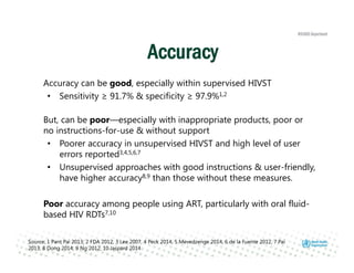 Accuracy can be good, especially within supervised HIVST
• Sensitivity ≥ 91.7% & specificity ≥ 97.9%1,2
But, can be poor—especially with inappropriate products, poor or
no instructions-for-use & without support
• Poorer accuracy in unsupervised HIVST and high level of user
errors reported3,4,5,6,7
• Unsupervised approaches with good instructions & user-friendly,
have higher accuracy8,9 than those without these measures.
Poor accuracy among people using ART, particularly with oral fluid-
based HIV RDTs7,10
Source: 1 Pant Pai 2013; 2 FDA 2012; 3 Lee 2007, 4 Peck 2014, 5 Mevedzenge 2014, 6 de la Fuente 2012, 7 Pai
2013; 8 Dong 2014; 9 Ng 2012; 10 Jaspard 2014
Accuracy
 