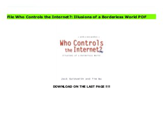DOWNLOAD ON THE LAST PAGE !!!!
Download Here https://ebooklibrary.solutionsforyou.space/?book=0195340647 Is the Internet erasing national borders? Will the future of the Net be set by Internet engineers, rogue programmers, the United Nations, or powerful countries? Who's really in control of what's happening on the Net? In this provocative new book, Jack Goldsmith and Tim Wu tell the fascinating story of the Internet's challenge to governmental rule in the 1990s, and the ensuing battles with governments around the world. It's a book about the fate of one idea--that the Internet might liberate us forever fromgovernment, borders, and even our physical selves. We learn of Google's struggles with the French government and Yahoo's capitulation to the Chinese regime of how the European Union sets privacy standards on the Net for the entire world and of eBay's struggles with fraud and how it slowly learnedto trust the FBI. In a decade of events the original vision is uprooted, as governments time and time again assert their power to direct the future of the Internet. The destiny of the Internet over the next decades, argue Goldsmith and Wu, will reflect the interests of powerful nations and theconflicts within and between them. While acknowledging the many attractions of the earliest visions of the Internet, the authors describe the new order, and speaking to both its surprising virtues and unavoidable vices. Far from destroying the Internet, the experience of the last decade has lead to a quiet rediscovery of some ofthe oldest functions and justifications for territorial government. While territorial governments have unavoidable problems, it has proven hard to replace what legitimacy governments have, and harder yet to replace the system of rule of law that controls the unchecked evils of anarchy. While theNet will change some of the ways that territorial states govern, it will not diminish the oldest and most fundamental roles of government and challenges of governance. Well written and filled with fascinating examples, including
colorful portraits of many key players in Internet history, this is a work that is bound to stir heated debate in the cyberspace community. Download Online PDF Who Controls the Internet?: Illusions of a Borderless World Download PDF Who Controls the Internet?: Illusions of a Borderless World Read Full PDF Who Controls the Internet?: Illusions of a Borderless World
File Who Controls the Internet?: Illusions of a Borderless World PDF
 