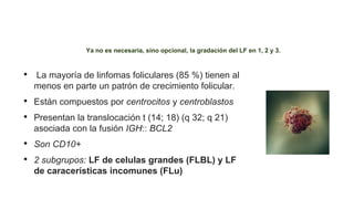 Linfoma folicular clásico (LFc)
• La mayoría de linfomas foliculares (85 %) tienen al
menos en parte un patrón de crecimiento folicular.
• Están compuestos por centrocitos y centroblastos
• Presentan la translocación t (14; 18) (q 32; q 21)
asociada con la fusión IGH:: BCL2
• Son CD10+
• 2 subgrupos: LF de celulas grandes (FLBL) y LF
de caracerísticas incomunes (FLu)
Ya no es necesaria, sino opcional, la gradación del LF en 1, 2 y 3.
 