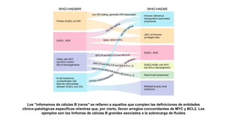 Los "infomamos de células B (raros" se refieren a aquellos que cumplen las definiciones de entidades
clínico-patológicas específicas mientras que, por cierto, llevan arreglos concomitantes de MYC y BCL2. Los
ejemplos son los linfomas de células B grandes asociados a la sobrecarga de fluidos
 