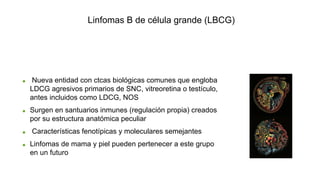Linfomas B de célula grande (LBCG)
Linfoma de células B grandes (LBCL) de sitios inmunoprivilegiados)
Nueva entidad con ctcas biológicas comunes que engloba
LDCG agresivos primarios de SNC, vitreoretina o testículo,
antes incluidos como LDCG, NOS
Surgen en santuarios inmunes (regulación propia) creados
por su estructura anatómica peculiar
Características fenotípicas y moleculares semejantes
Linfomas de mama y piel pueden pertenecer a este grupo
en un futuro
 