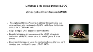 Linfomas B de célula grande (LBCG)
Linfoma mediastínico de la zona gris (MGZL)
Reemplaza el término "linfoma de células B inclasificable con
características intermedias entre DLBCL y el linfoma de Hodgkin
clásico" de la OMS-HAEM4R
Grupo biológico único específico del mediastino
Características que se superponen entre LDCG primario de
mediastino y LH (EN) con un espectro morfológico e IF entre
ambos.
Linfomas similares pero fuera del mediastino tienen diferente perfil
genético y se clasificación como LBDCG, NOS.
 