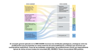 El concepto general aplicado en la OMS-HAEM5 reconoce las similitudes patológicas y biológicas entre las
proliferacións que se presentan en varios entornos de inmunodeficiencia, al tiempo que reconoce sus
características específicas. Fuera de las entidades compartidas, las proliferaciones únicas son especialmente
típicas de varios errores innatos de inmunidad (IEI). EBVMCU: Úlcera mucocutánea EBV-positiva.
 
