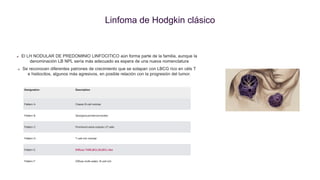 Linfoma de Hodgkin clásico
El LH NODULAR DE PREDOMINIO LINFOCITICO aún forma parte de la familia, aunque la
denominación LB NPL sería más adecuado es espera de una nueva nomenclatura
Se reconocen diferentes patrones de crecimiento que se solapan con LBCG rico en céls T
e histiocitos, algunos más agresivos, en posible relación con la progresión del tumor.
Designation Description
Pattern A Classic B-cell nodular
Pattern B Serpiginous/interconnected
Pattern C Prominent extra-nodular LP cells
Pattern D T-cell-rich nodular
Pattern E Diffuse THRLBCL/DLBCL-like
Pattern F Diffuse moth-eaten, B-cell-rich
 
