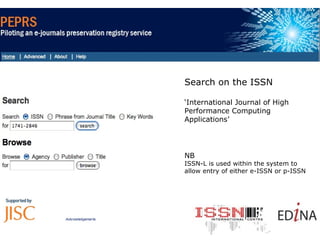 Search on the ISSN ‘ International Journal of High Performance Computing Applications’ NB  ISSN-L is used within the system to allow entry of either e-ISSN or p-ISSN 