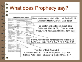 What does Prophecy say? Have soldiers cast lots for His coat: Psalm 22:18 Fulfillment: Matthew 27:35; Mark 15:24 Be beaten and spit upon: Isaiah 50:6 Fulfillment: Matt. 26:67, 27:26-30; Mark 14:65, 15:15-19; Luke 22:63-65; John 19:1 Be wounded for our transgressions: Isaiah 53:5 Fulfillment: 1 Cor 15:3; 2 Cor 5:21; 1 Peter 3:18 The Son of God: Psalm 2:7 Fulfillment: Matt 3:17, 8:29; 16:16; Mark 1:11; Luke 1:32,35; Acts 13:33; Hebrews 1:2-5,5:5; 2 Peter 1:17 