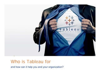 Who is Tableau for
  and how can it help you and your organization?
All rights reserved. © 2009 Tableau Software Inc.
                       2008
 