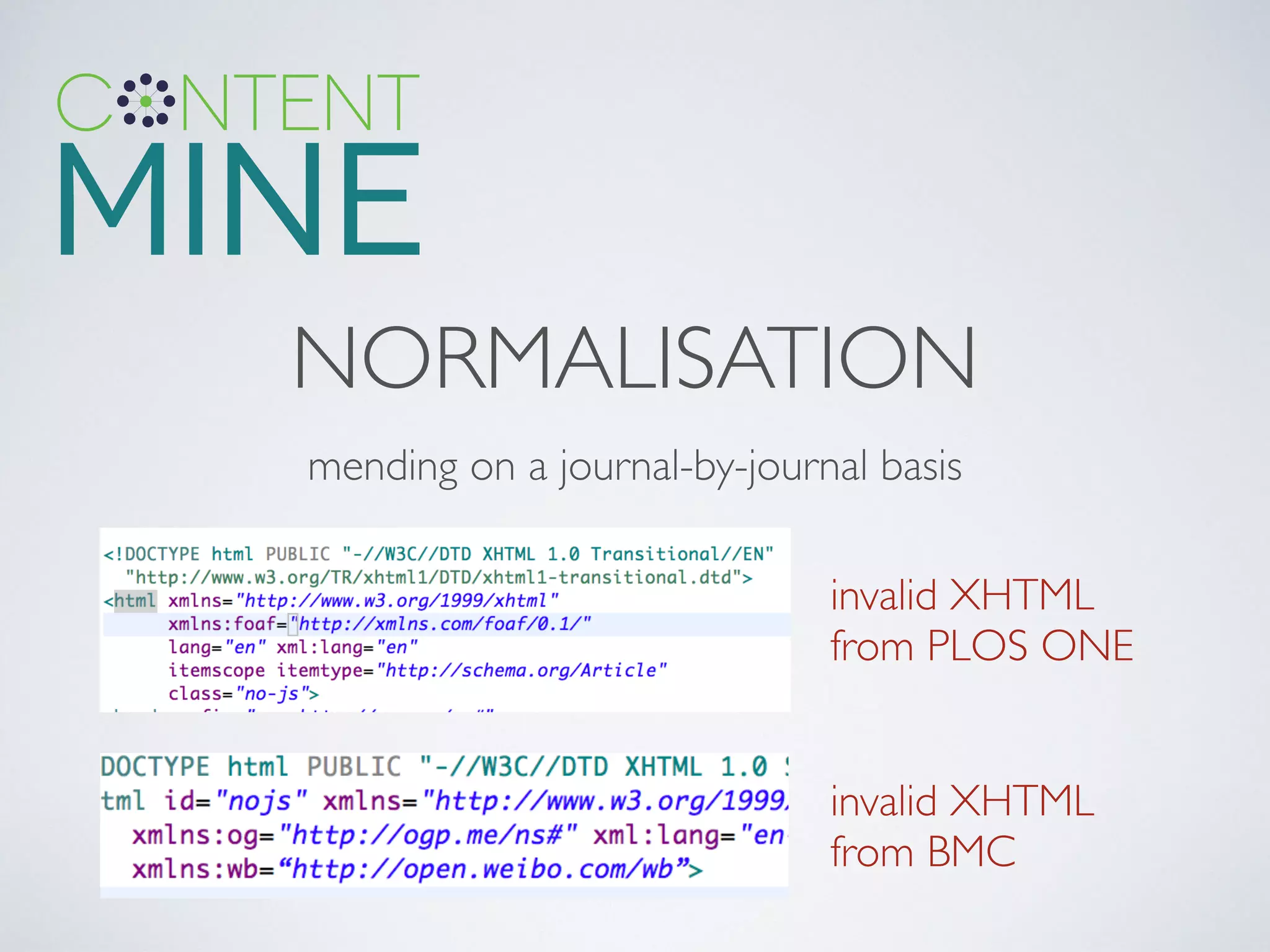 NORMALISATION
mending on a journal-by-journal basis
invalid XHTML
from PLOS ONE
invalid XHTML
from BMC
 