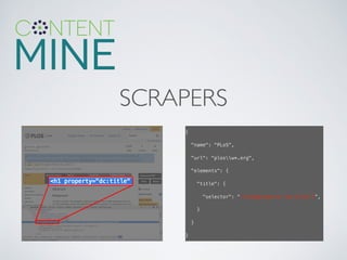 SCRAPERS
{!
"name": "PLoS",!
"url": "plosw*.org",!
"elements": {!
"title": {!
"selector": “//h1[@property=‘dc:title’]”,!
}!
}!
}!
 