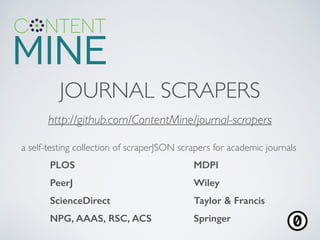 JOURNAL SCRAPERS
http://github.com/ContentMine/journal-scrapers	

a self-testing collection of scraperJSON scrapers for academic journals	

PLOS MDPI
PeerJ Wiley
ScienceDirect Taylor & Francis
NPG, AAAS, RSC, ACS Springer
 