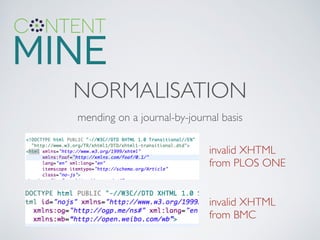 NORMALISATION
mending on a journal-by-journal basis
invalid XHTML
from PLOS ONE
invalid XHTML
from BMC
 