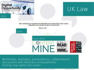 2011
2014
From 2014
UK Law
Workshops, hackdays, presentations, collaborations,
discussions with librarians and publishers.
Putting new rights into action.
 