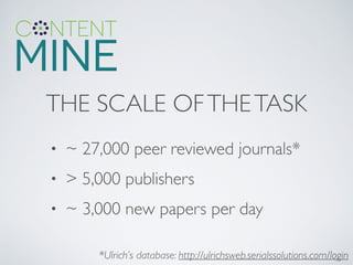 THE SCALE OFTHETASK
• ~ 27,000 peer reviewed journals*	

• > 5,000 publishers	

• ~ 3,000 new papers per day
*Ulrich’s database: http://ulrichsweb.serialssolutions.com/login
 