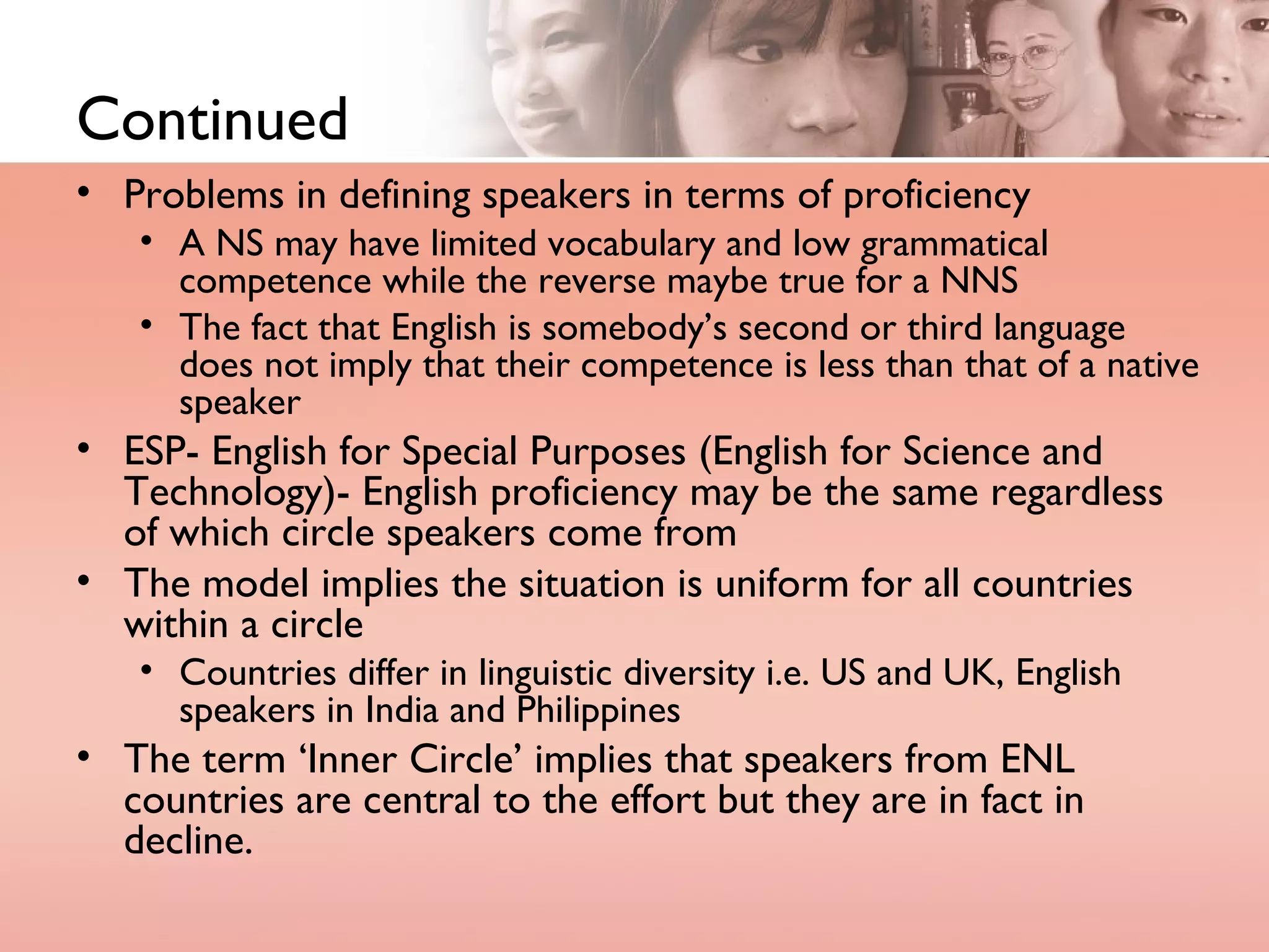 Continued Problems in defining speakers in terms of proficiency A NS may have limited vocabulary and low grammatical competence while the reverse maybe true for a NNS The fact that English is somebody’s second or third language does not imply that their competence is less than that of a native speaker ESP- English for Special Purposes (English for Science and Technology)- English proficiency may be the same regardless of which circle speakers come from The model implies the situation is uniform for all countries within a circle Countries differ in linguistic diversity i.e. US and UK, English speakers in India and Philippines The term ‘Inner Circle’ implies that speakers from ENL countries are central to the effort but they are in fact in  decline. 