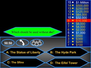 © Mark E. Damon - All Rights Reserved
                                                     15   $1 Million
                                                     14   $500,000
                                                     13   $250,000
                                                     12   $125,000
                                                     11   $64,000
                                                     10   $32,000
                                                     9    $16,000
                                                     8    $8,000
                                                     7    $4,000
                                                     6    $2,000
             Which should be used without the?       5    $1,000
                                                     4    $500
                                                     3    $300
    50:50                                            2    $200
                                                     1    $100

      A: The Statue of Liberty            B: The Hyde Park


        C: The Sfinx                      D: The Eifel Tower
 