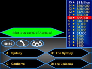 © Mark E. Damon - All Rights Reserved
                                                        15     $1 Million
                                                        14     $500,000
                                                        13     $250,000
                                                        12     $125,000
                                                        11     $64,000
                                                        10     $32,000
                                                        9      $16,000
                                                        8      $8,000
                                                        7      $4,000
                                                        6      $2,000
              What is the capital of Australia?         5      $1,000
                                                        4      $500
                                                        3      $300
    50:50                                               2      $200
                                                        1      $100

      A: Sydney                              B: The Sydney


      C: Canberra                            D: The Canberra
 