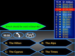 © Mark E. Damon - All Rights Reserved
                                                     15   $1 Million
                                                     14   $500,000
                                                     13   $250,000
                                                     12   $125,000
                                                     11   $64,000
                                                     10   $32,000
                                                     9    $16,000
                                                     8    $8,000
                                                     7    $4,000
                                                     6    $2,000
       Which should be used without the?             5    $1,000
                                                     4    $500
                                                     3    $300
    50:50                                            2    $200
                                                     1    $100

      A: The Hilton                        B: The Alps


      C: The Cyprus                        D: The Times
 