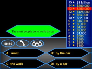 © Mark E. Damon - All Rights Reserved
                                                         15   $1 Million
                                                         14   $500,000
                                                         13   $250,000
                                                         12   $125,000
                                                         11   $64,000
                                                         10   $32,000
                                                         9    $16,000
                                                         8    $8,000
                                                         7    $4,000
             The most people go to work by car           6    $2,000
                                                         5    $1,000
                                                         4    $500
                                                         3    $300
    50:50                                                2    $200
                                                         1    $100

      A: most                              B: by the car


      C: the work                          D: by a car
 