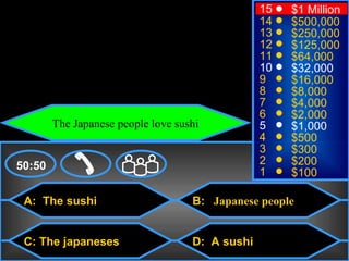 © Mark E. Damon - All Rights Reserved
                                                         15   $1 Million
                                                         14   $500,000
                                                         13   $250,000
                                                         12   $125,000
                                                         11   $64,000
                                                         10   $32,000
                                                         9    $16,000
                                                         8    $8,000
                                                         7    $4,000
                                                         6    $2,000
                The Japanese people love sushi           5    $1,000
                                                         4    $500
                                                         3    $300
    50:50                                                2    $200
                                                         1    $100

      A: The sushi                          B: Japanese people


      C: The japaneses                      D: A sushi
 