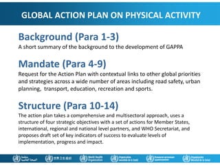 GLOBAL ACTION PLAN ON PHYSICAL ACTIVITY
Background (Para 1-3)
A short summary of the background to the development of GAPPA
Mandate (Para 4-9)
Request for the Action Plan with contextual links to other global priorities
and strategies across a wide number of areas including road safety, urban
planning, transport, education, recreation and sports.
Structure (Para 10-14)
The action plan takes a comprehensive and multisectoral approach, uses a
structure of four strategic objectives with a set of actions for Member States,
international, regional and national level partners, and WHO Secretariat, and
proposes draft set of key indicators of success to evaluate levels of
implementation, progress and impact.
 