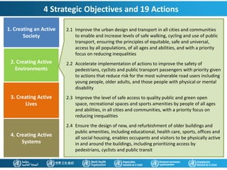 1. Creating an Active
Society
2. Creating Active
Environments
3. Creating Active
Lives
4. Creating Active
Systems
2.1 Improve the urban design and transport in all cities and communities
to enable and increase levels of safe walking, cycling and use of public
transport, ensuring the principles of equitable, safe and universal,
access by all populations, of all ages and abilities, and with a priority
focus on reducing inequalities
2.2 Accelerate implementation of actions to improve the safety of
pedestrians, cyclists and public transport passengers with priority given
to actions that reduce risk for the most vulnerable road users including
young people, older adults, and those people with physical or mental
disability
2.3 Improve the level of safe access to quality public and green open
space, recreational spaces and sports amenities by people of all ages
and abilities, in all cities and communities, with a priority focus on
reducing inequalities
2.4 Ensure the design of new, and refurbishment of older buildings and
public amenities, including educational, health care, sports, offices and
all social housing, enables occupants and visitors to be physically active
in and around the buildings, including prioritizing access by
pedestrians, cyclists and public transit
4 Strategic Objectives and 19 Actions
 