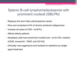 Splenic B-cell lymphoma/leukaemia with
prominent nucleoli (SBLPN)
• Replaces the term Hairy cell leukaemia variant
• Rare and comprises 0.4% of chronic lymphoid malignancies
• Includes all cases of CD5 –ve B-PLL
• Affects elderly patients
• Neoplastic cells have prominent nucleoli and –ve for HCL markers
(CD25, annexinA1, TRAP, and CD123)
• Clinically more aggressive and resistant to cladribine as single-
agent treatment
 