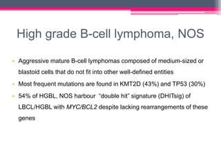 High grade B-cell lymphoma, NOS
• Aggressive mature B-cell lymphomas composed of medium-sized or
blastoid cells that do not fit into other well-defined entities
• Most frequent mutations are found in KMT2D (43%) and TP53 (30%)
• 54% of HGBL, NOS harbour “double hit” signature (DHITsig) of
LBCL/HGBL with MYC/BCL2 despite lacking rearrangements of these
genes
 