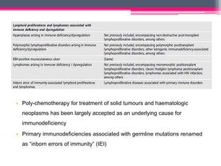 • Poly-chemotherapy for treatment of solid tumours and haematologic
neoplasms has been largely accepted as an underlying cause for
immunodeficiency
• Primary immunodeficiencies associated with germline mutations renamed
as “inborn errors of immunity” (IEI)
 