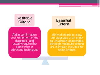 Desirable
Criteria Essential
Criteria
Aid in confirmation
and refinement of the
diagnosis, and
usually require the
application of
advanced techniques
Minimal criteria to allow
the diagnosis of an entity
as universally as possible,
although molecular criteria
are inevitably included for
some entities
 