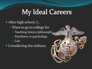 After high school, I…Want to go to college forTeaching history/philosophyPsychiatry or psychologyLawConsidering the militaryMy Ideal Careers