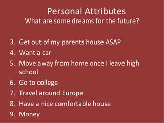 Personal Attributes What are some dreams for the future? Get out of my parents house ASAP Want a car Move away from home once I leave high school Go to college Travel around Europe Have a nice comfortable house Money 
