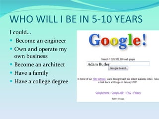 WHO WILL I BE IN 5-10 YEARS I could… Become an engineer Own and operate my own business Become an architect Have a family Have a college degree Adam Butler 