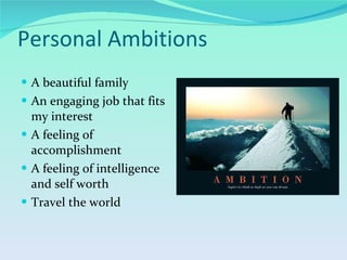 Personal Ambitions A beautiful family An engaging job that fits my interest A feeling of accomplishment A feeling of intelligence and self worth Travel the world 