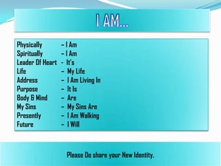 Physically
Spiritually
Leader Of Heart
Life
Address
Purpose
Body & Mind
My Sins
Presently
Future

– I Am
– I Am
- It’s
– My Life
– I Am Living In
– It Is
– Are
– My Sins Are
– I Am Walking
– I Will

Please Do share your New Identity.

 