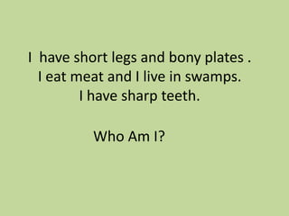 I have short legs and bony plates .
I eat meat and I live in swamps.
I have sharp teeth.
Who Am I?

 