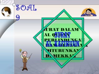 SOAL
9
•SURAT DALAM
AL QURAN
• PERLINDUNGAN
HAM BERAGAMA
• DITURUNKAN
DI MEKKAH
SURAT
AL KAFIRUUN
 