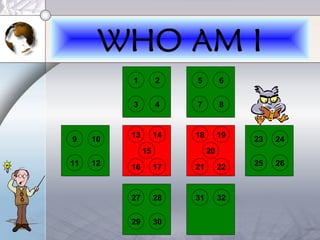 1
WHO AM I
2
3 4
5 6
7 8
9 10
11 12
23 24
25 26
27 28
29 30
13 14
15
16 17
18 19
20
21 22
31 32
 