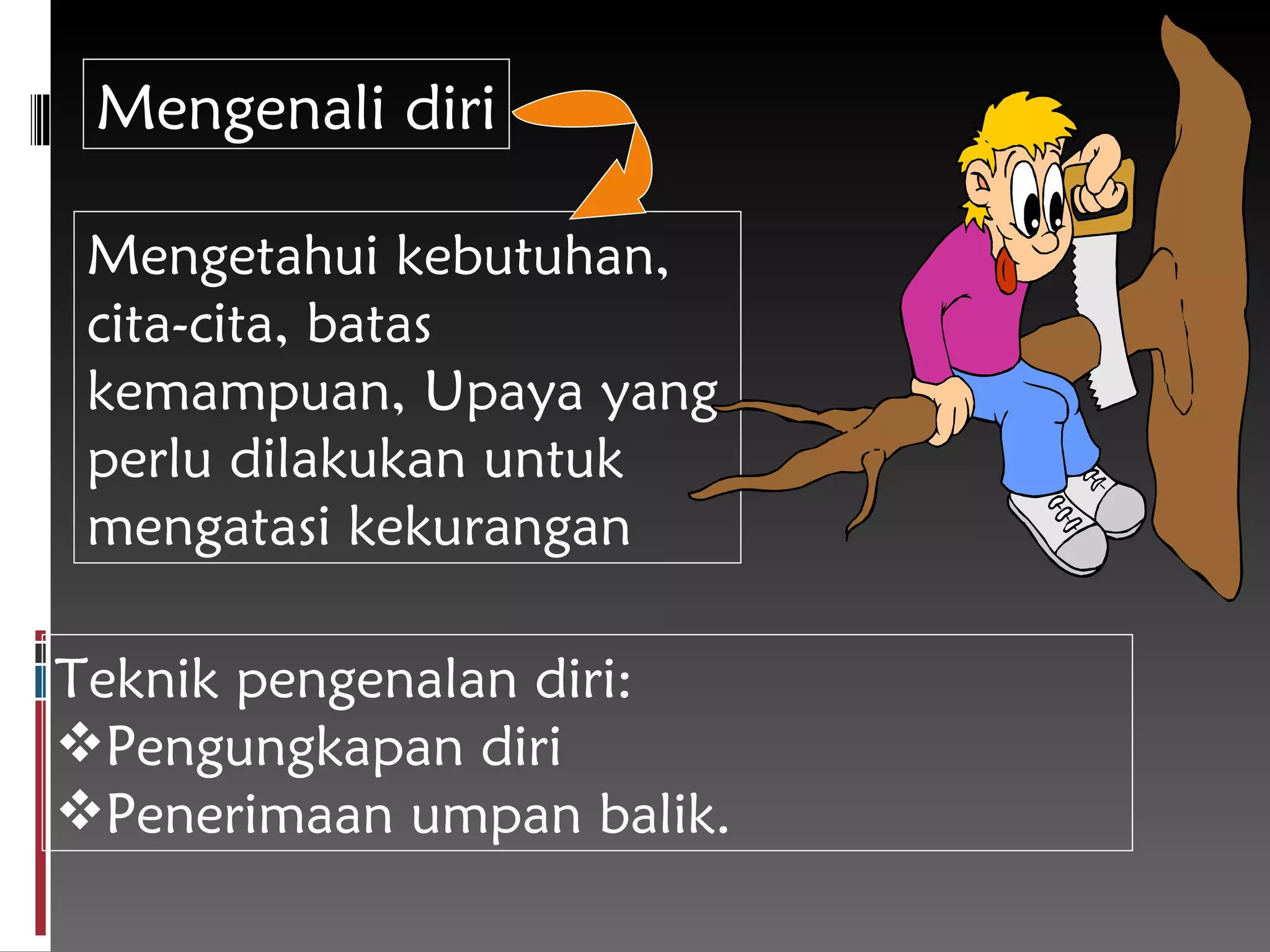 Mengenali diri Mengetahui kebutuhan, cita-cita, batas kemampuan, Upaya yang perlu dilakukan untuk mengatasi kekurangan Teknik pengenalan diri :  P engungkapan diri  P enerimaan umpan balik.  